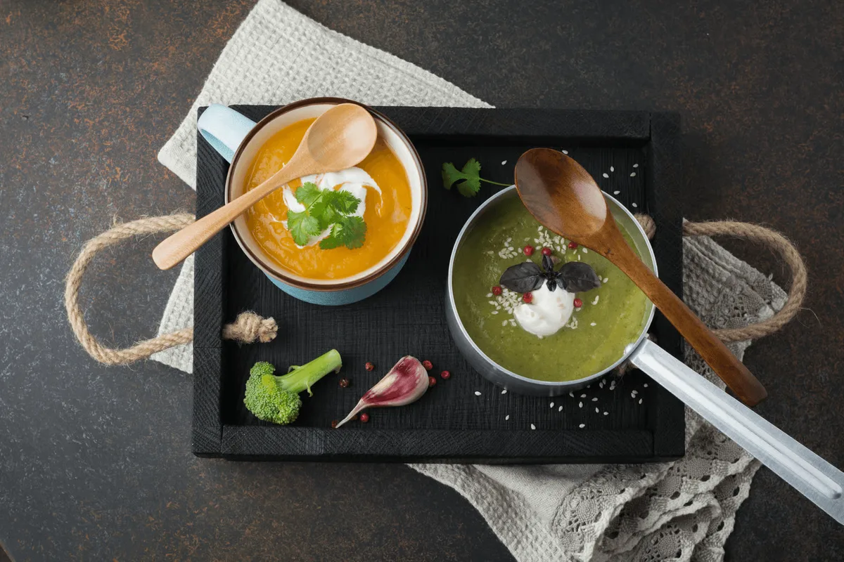 Bowls of smooth soup, an example of soft food after weight loss surgery