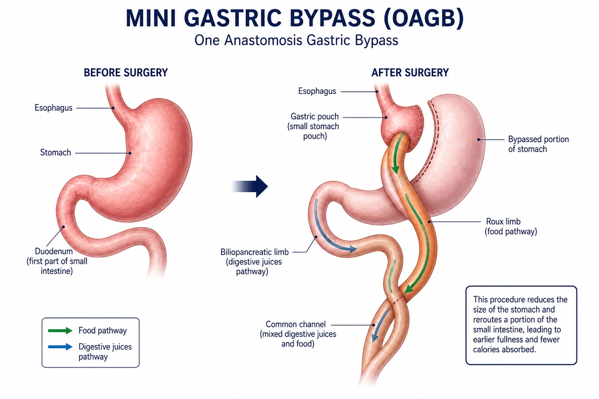 Diagram of the stomach and small intestine before and after mini gastric bypass (OAGB)