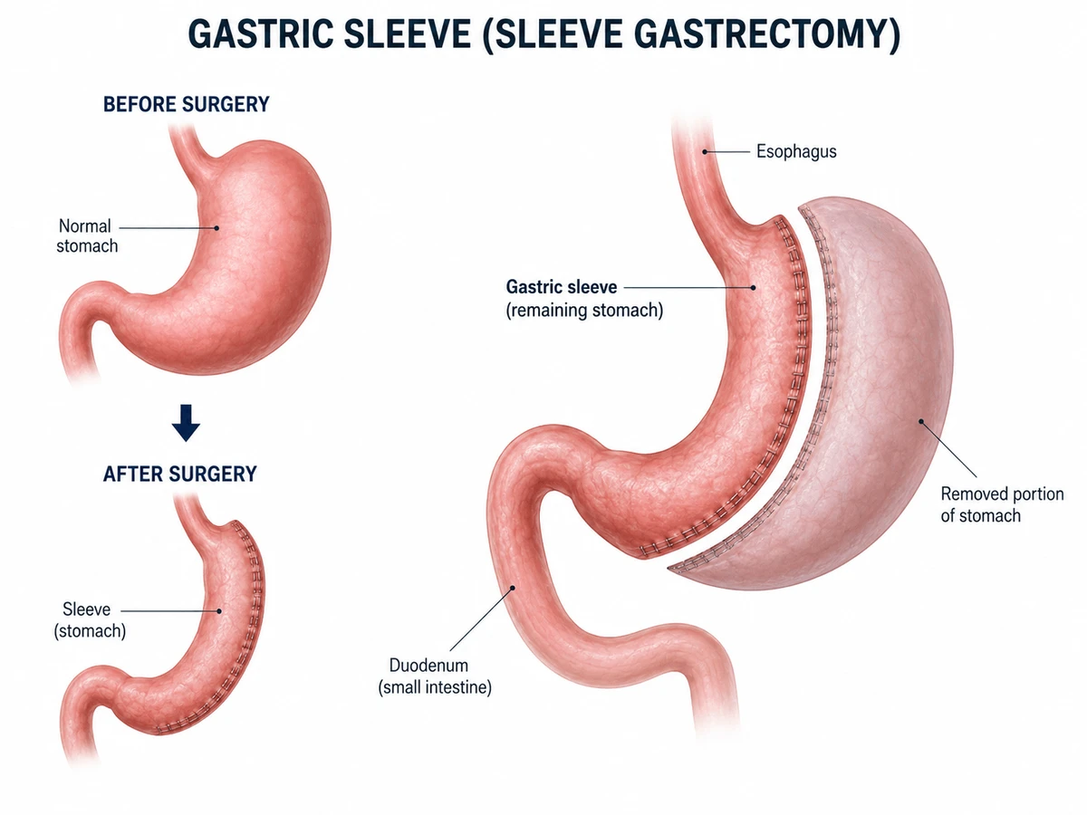 Diagram of the stomach before and after gastric sleeve surgery